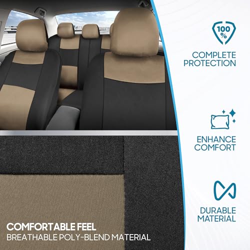 Image of BDK PolyPro Seat Covers Full Set in Beige on Black - Front and Rear Split Bench Seat Covers for Cars, Car Accessories for Auto Trucks Van SUV
