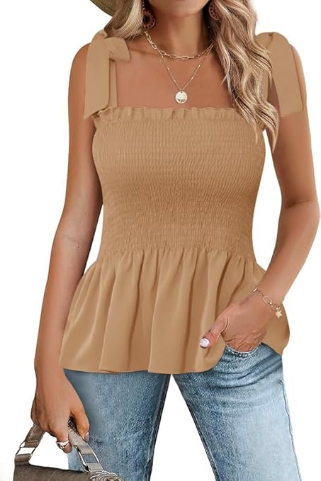 Micoson Ruffle Tank Tops for Women Summer Square Neck Sleeveless Tops Tie Shoulder Chiffon Blouse Babydoll Shirts