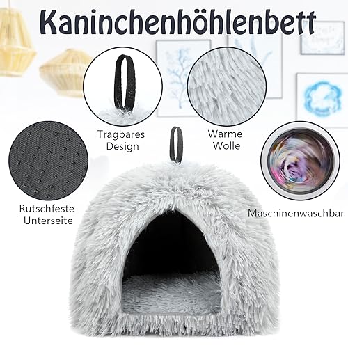 Sbayool Plüsch Kaninchen Bett, Bequem Warme Häschen Höhlenbetten, Kaninchen Haus Mit Bewegliches Pad, Geeignetes Kaninchenversteck Für Kleintiere Wie Meerschweinchen, Frettchen Und Chinchillas,Grau