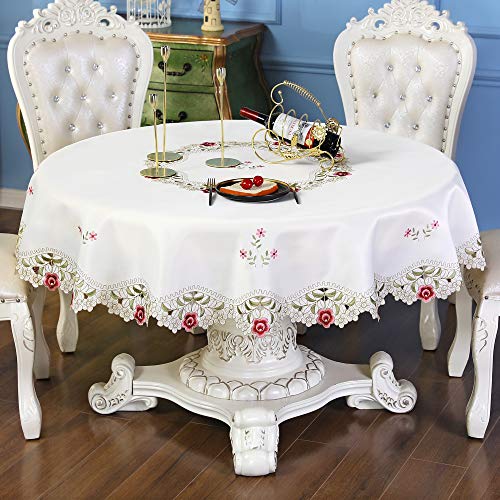 Damask Rose Camellia Embroidered Tablecloth Off White Round 68 inch Approx