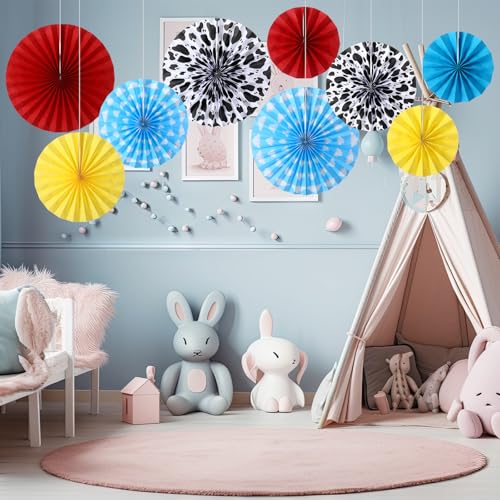 Image of Outus 9 Pcs Cartoon Story Party Paper Fans Blue Sky White Clouds and Cow Print Hanging Decorations Red Yellow Blue Paper Fans Hanging Ceiling Wall Decors for Birthday Baby Shower Party Supplies