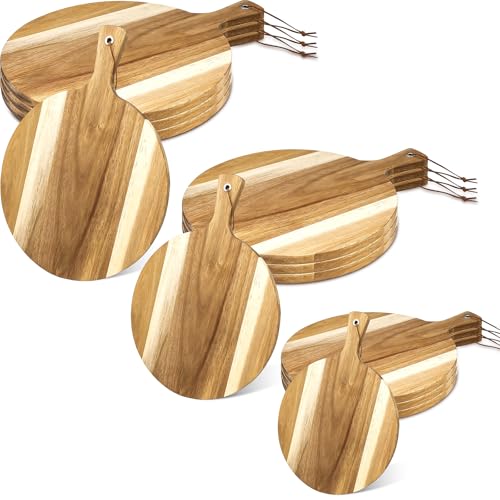 9 Pcs Round Wooden Chopping Board Bulk Acacia Wood Pizza Board with Handle 3 Sizes Wooden Charcuterie Serving Boards Paddle for Kitchen Meat Bread Cheese Baking Pizza Fruits Vegetables