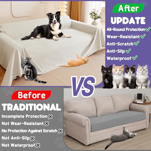 Loiion Sofaschutz Katze, Sofabezug 2 Sitzer Couch Schutz Katze, Rutschfester Couch Überwurf, Sofabezug Wasserdicht, Schonbezug Sofa für Haustier Kinder Katzen Hunde, Beige, 300x180cm