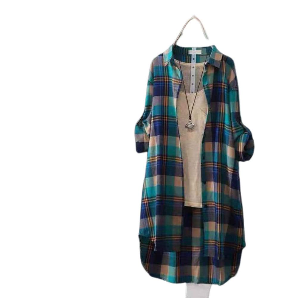 MIDJ Damen-Hemd Mit Knopfleiste,Damenmode Vintagekarierte Blusen Mittellanges Hemd Lange Ärmel Lässige Knopfhemdjacke Blaues Revers Holzfällerhemd Blusen Tunika Leichtes Jeans-Sweatshirt Für Mädchen