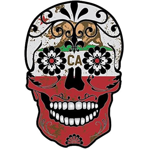 OSMdecals - Grunge California Flag Detailed Sugar Skull Sticker Series 4 - Mexican Day of the Dead Calavera American CA USA Waterproof Car Decal Bumper Sticker Cover