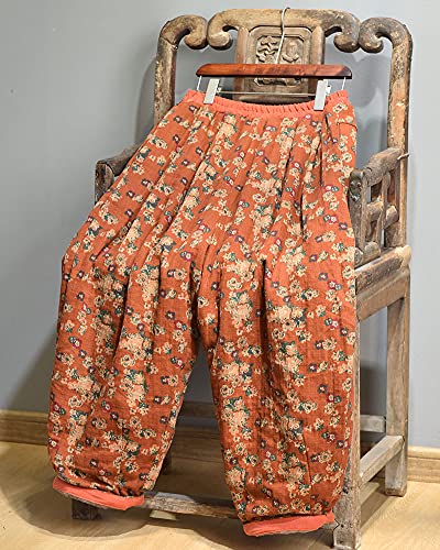 NFYM Women Winter Pants Comfy Warm Thick Vintage Floral Printed Loose Wide Leg Pants Elastic Waist Hippie Trouser2