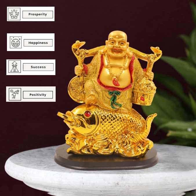 Image of Spillbox Resin Golden Happy man Statue|Laughing Buddha|Feng Shui|Show Piece|Gift Item |Vastu|Decorative Showpiece for Home Decor|Office Desk Table (Happy Man Fish for Health)