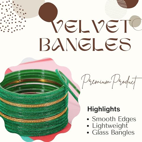 Image of NMII Glass Bangles For Women and Girls with Velvet and Golden Ballchain Linked | Plain Glass Bangles | Velvet Chudi Set | Bangles For Women | Stylish Glass Chudi Bangles- Set of 28