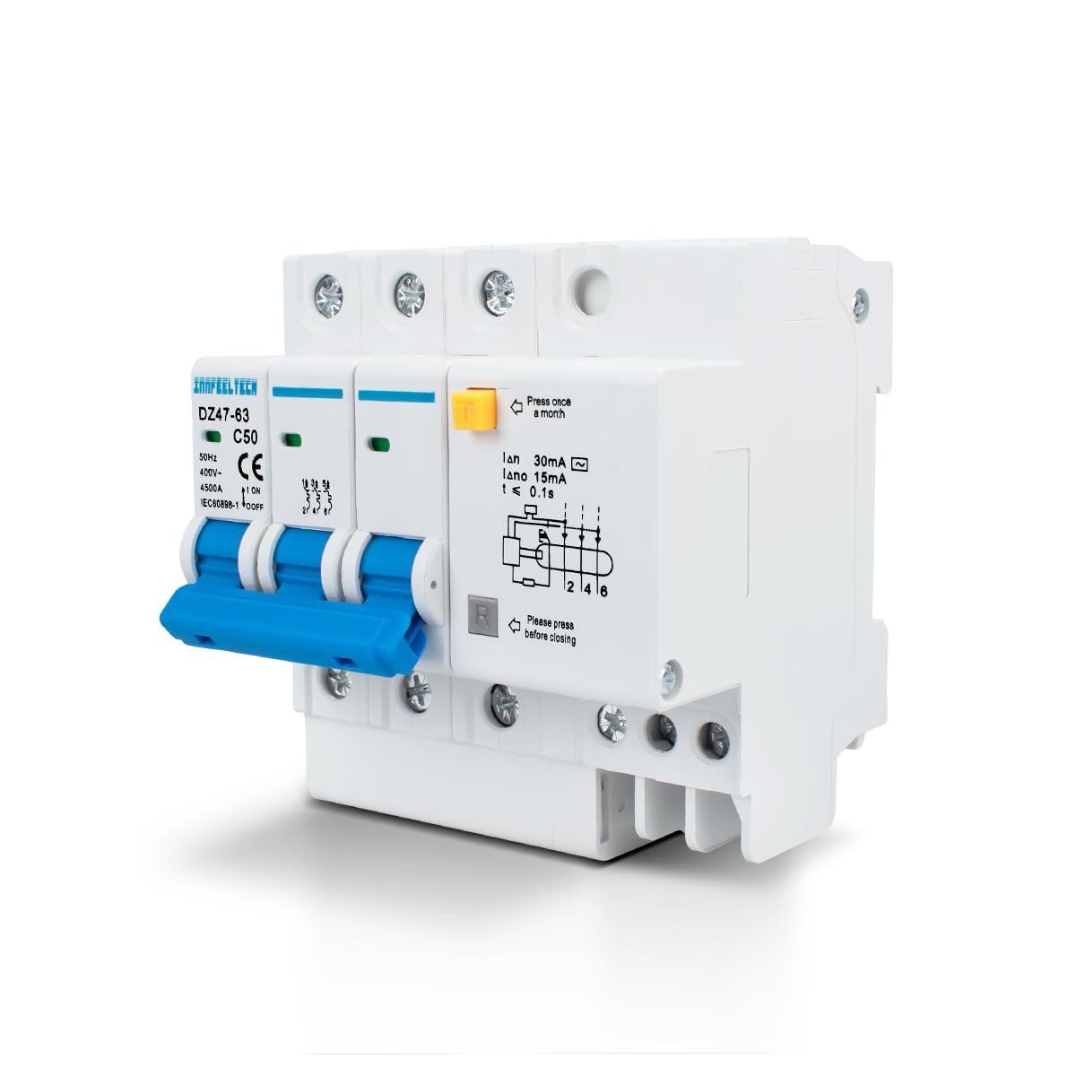 Innfeeltech 1 Pcs 50 Amp Current 230V Miniature Circuit Breakers MCB Triple Pole for DIN Rail Mounting with Leakage Protection