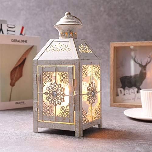JHY DESIGN Decorative Lantern 9.5" High Metal Candle Lantern Vintage Style Hanging Lantern for Wedding Parties Indoor Outdoor(White with Gold Brush).