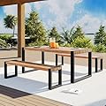 Outdoor Dining Set - Patio All Weather Wooden Conversation Set with 1 Table and 2 Benches, Unique Top Texture Design, Acacia Wood Top and Steel Frame, Ideal for Garden Poolside & Indoor Use, Natural