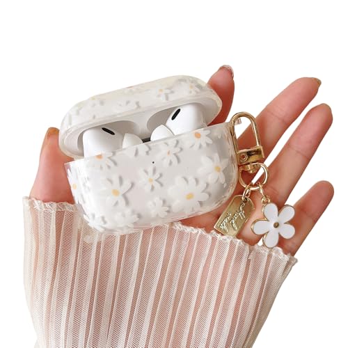 MINSCOSE Kompatibel mit AirPods Pro/Pro2 Klar Hülle,Niedliche Blume Muster Design mit floralen Schlüsselanhänger, weiche TPU schützende stoßfeste Hülle für Frauen Mädchen-weiße Blume
