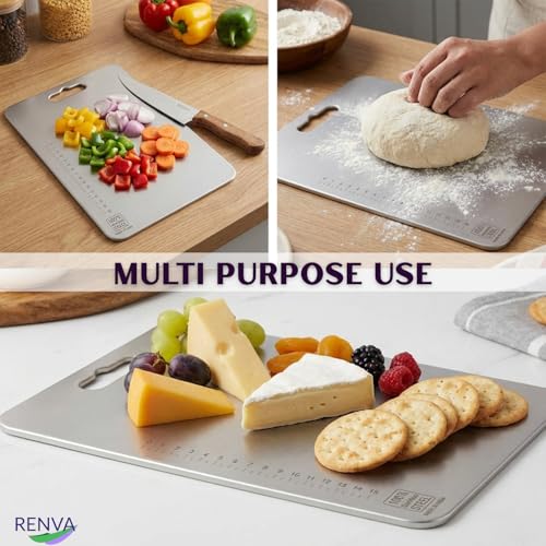 Image of RENVA Stainless Steel Cutting Boards for Kitchen, Double Sided Food-Grade 304 Chopping Board for Meat, Fruit & Vegetable, Rust Resistant Hangable Cutting Board(36x25 cm Silver)