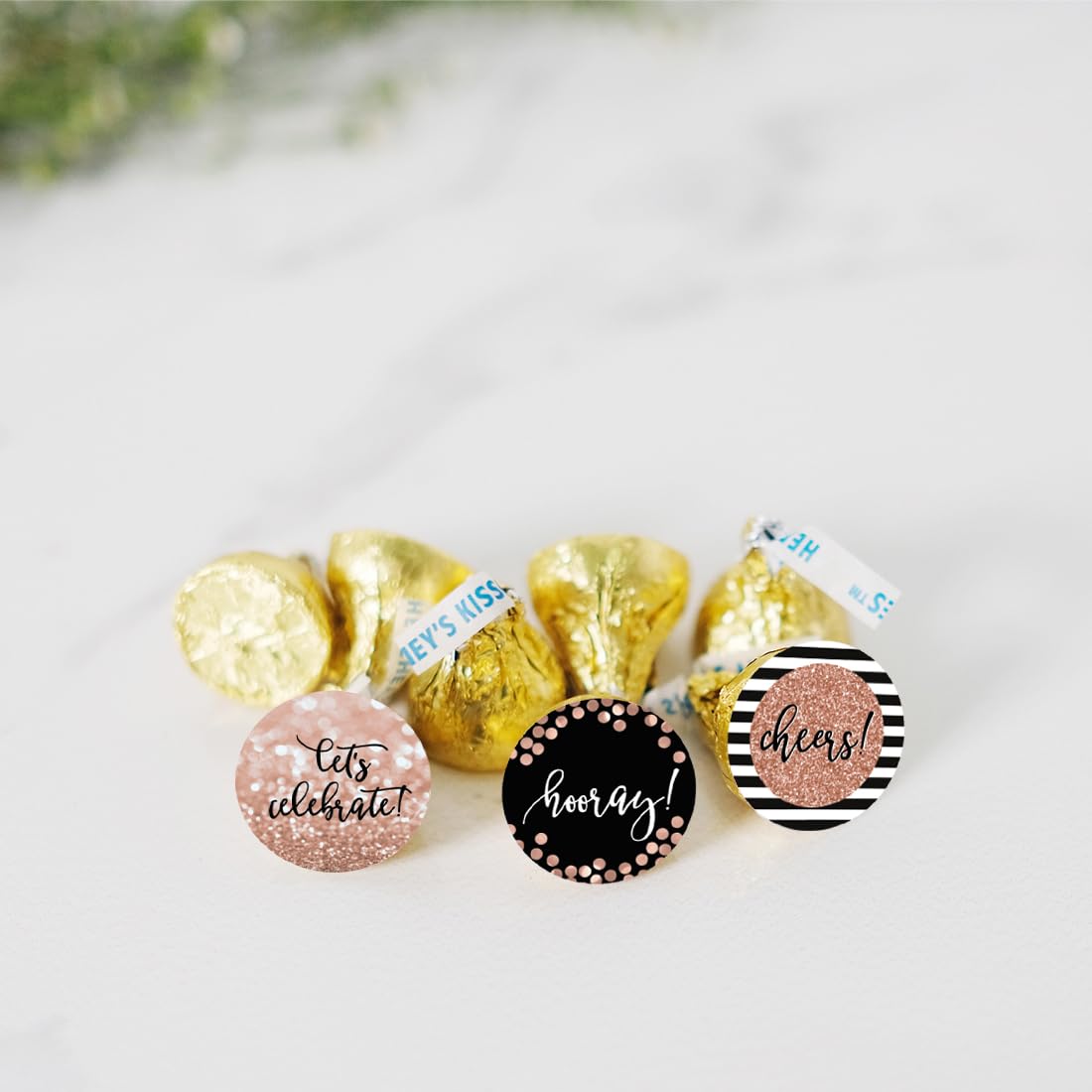 Andaz Press Glitzy Faux Rose Gold Glitter Milestone Chocolate Drop Labels Trio, Hooray! Cheers! Let's Celebrate!, 240-Pack, Not Real Glitter, Fits Kisses Party Favors Colored Supplies