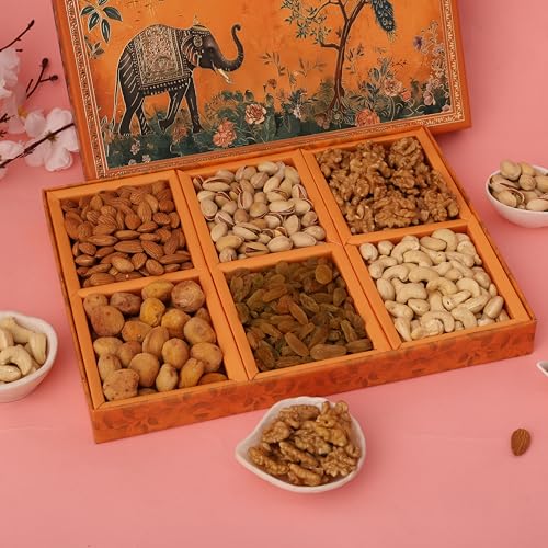 Image of Riwaz Premium EL Orange Designer Dry Fruit Gift Box | 6 Partition Assorted Almonds, Cashews, Pistachios, Walnuts, Raisins & Apricots | Luxury Festive Hamper for Diwali, Wedding & Corporate Gifting
