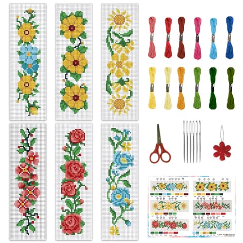 Image of INFUNLY 6 Set Cross Stitch Bookmark Kit Rose Flower DIY Cross Stitch Kit 8 inchx2.4 inch Pre-Printed Sunflower Stamped Embroidery Bookmark with Instruction for Beginners Book Lovers Adults Craft Gift