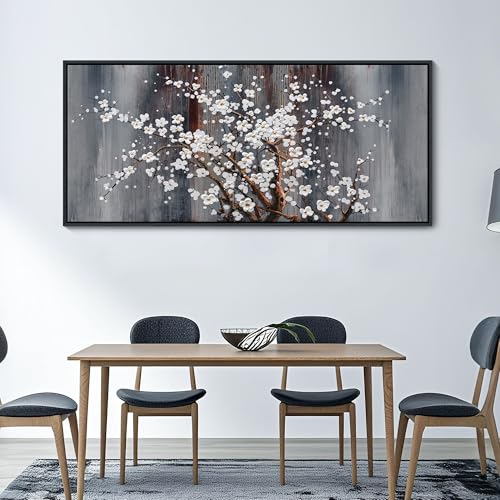 Image of AJAZIKO Large Plum Blossom Canvas Wall Art, Brown Wall Decor, Living Room Cherry Blossom Bedroom Pictures, Framed Artwork, Modern Canvas Paintings, 31x70