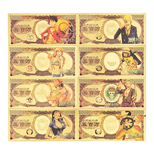 LACKINGONE 8 PCS Anime Gold Coated Banknote Props, Limited Edition Collectible Bill Bookmark Anime Cosplay Accessories for Men, Women and Anime Fan