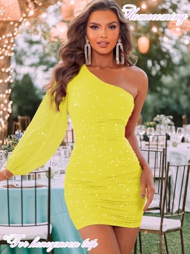 Image of ShawGobow Sparkly Outfits for Women,One Shoulder Ruched Bodycon Short Prom Dress,Sexy Dresses Cocktail Homecoming Nye