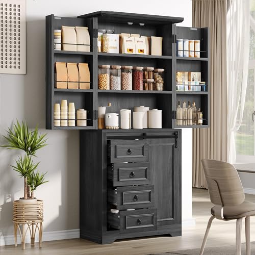 DWVO 71" Kitchen Pantry Storage Cabinet with Barn Doors, Tall Kitchen Cabinets with 4 Drawers and Adjustable Shelves, Versatile Storage for Living Room, Dining Room or Hallway, Grey Rustic Oak
