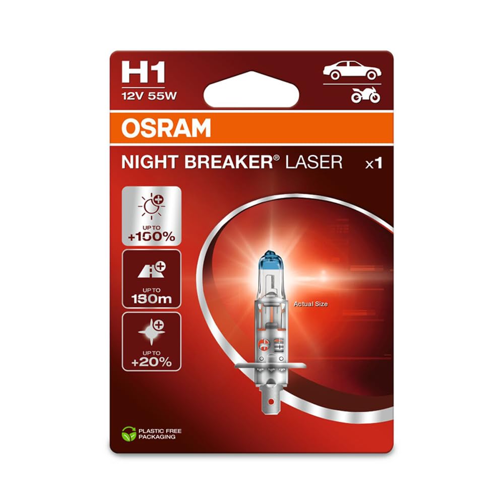 Osram NIGHT BREAKER LASER H1, +150% mehr Helligkeit, Halogen-Scheinwerferlampe, 64150NL-1BL, 12V PKW, Blister (1 Lampe)