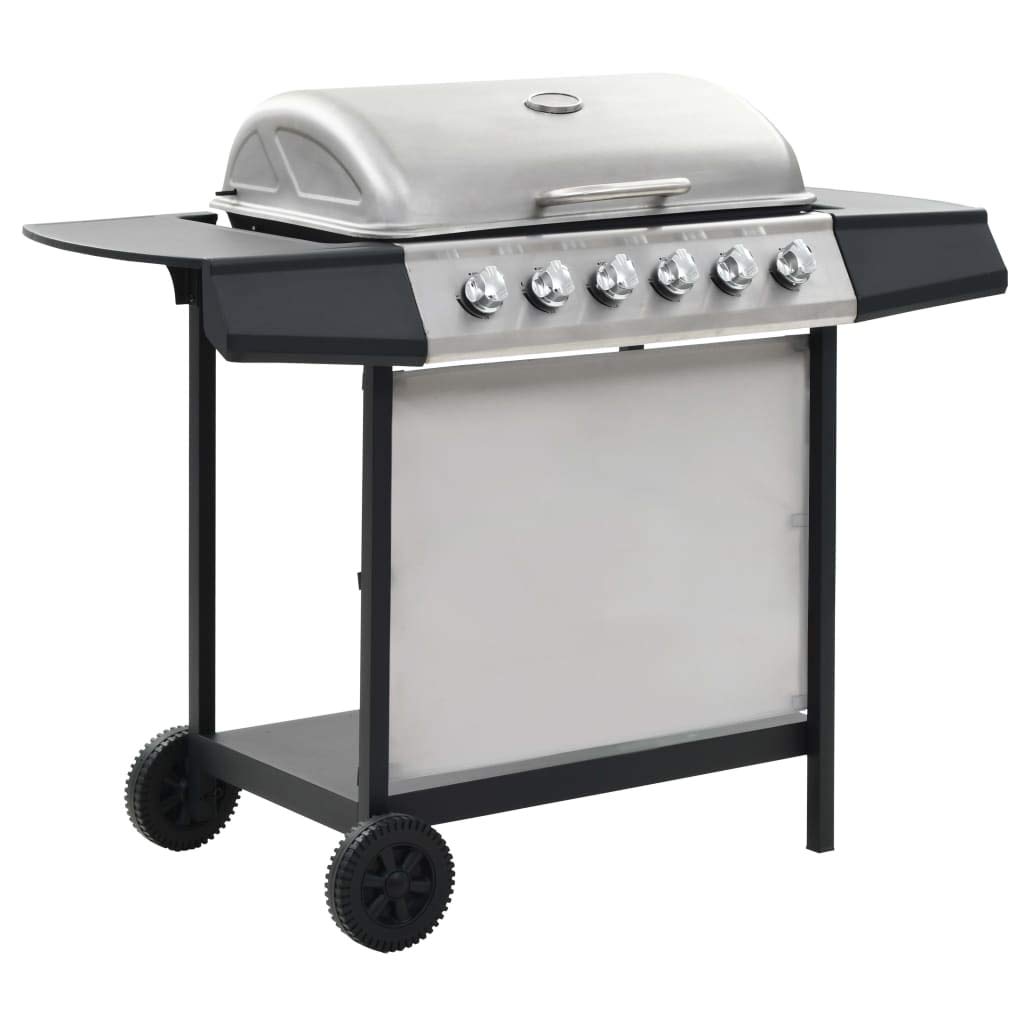 Barbecue a gas con 6 fiamme, in acciaio inox, stazione barbecue da giardino con termometro, 12 kW, superficie di cottura 63,5 x 37,5 cm, per terrazza e giardino