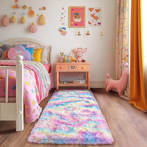 Rainbow Runner Rugs for Bedroom, 2x6 Rug Runners for Cute Girls Room, Bedside Indoor Floor Fluffy Shag Carpet, Plush Soft Rug for Nursery Dorm Kids Home Decor