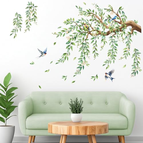 FUFUQUARE Pegatinas de Pared Árbol con Ramas y Pájaros Acuarela, Adhesivos Pared Decorativo Naturaleza Vinilos para Habitación Niños Dormitorio Salón Comedor