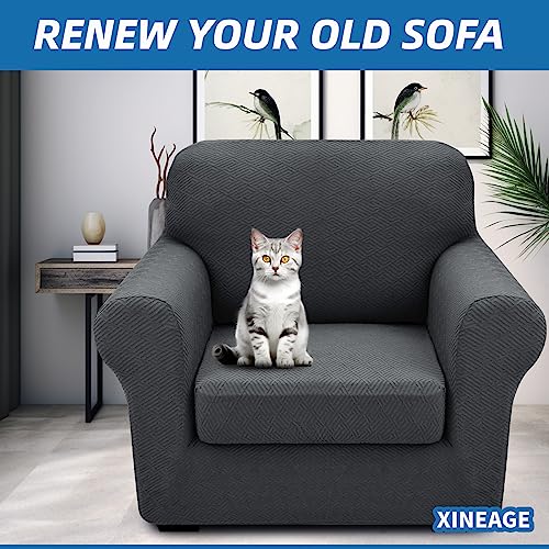 XINEAGE 2025 New 2 Pieces Chair Covers with Arms Super Stretch Chair Slipcover for Living Room Pet Dog Universal Slip Cover Anti Slip Armchair Furniture Protector (Dark Gray), 31"-46"(1 Cushion)