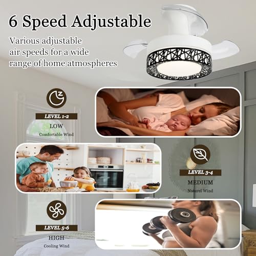 Ventilatore da soffitto con pale retrattili e luce, dotato di telecomando - Ventilatore a LED DC silenzioso a 6 velocità, piccolo, ideale per camera da letto, dimmerabile tramite app, con funzione re