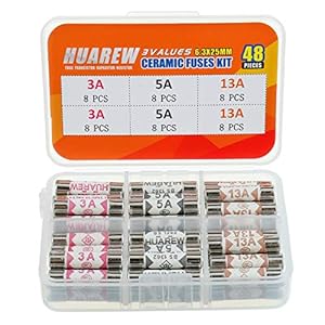 HUAREW 3 Values 48 Pcs 6.3×25 mm BS1362 3A 5A 13A 240 V 0.248×0.984 Inch Ceramic Tube Fuses Assortment Kit