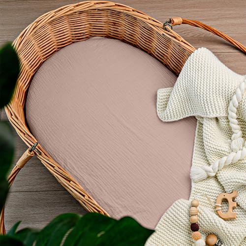 Image of Muslin Bassinet Fitted Sheets 2 Pack, Soft Breathable Cotton Baby Bassinet Mattress Sheet Set, 360 Elastic Snug Fit, Universal for Oval, Rectangle (Gentle Colors, Bassinet Sheets 2 Pack)