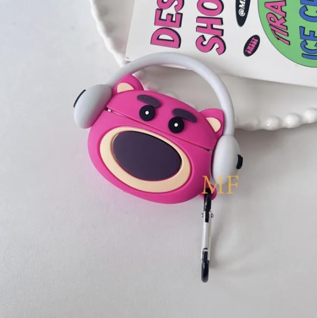 Image of Meyaar Earphone Case Cover Compatible for Realme Buds T300, Soft Silicone Skin Case Cover Shock-Absorbing Protective Case with Keychain (Front LED Visible) (Red Bear with Grey Band)