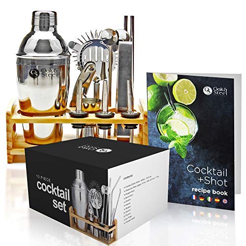 OS Oak & Steel ENGLAND 13 Pièces Ensemble Professionnel de Shaker à Cocktail avec Recettes - Acier Inoxydable Premium - Boston Cocktail Shaker Kit avec Présentoir en Bois - Élégant Coffret Cadeau.