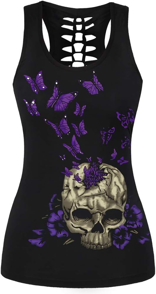 Sister AmyWomen's Skull Print Halloween Out T-Shirt Sleeveless Tank Top Vest