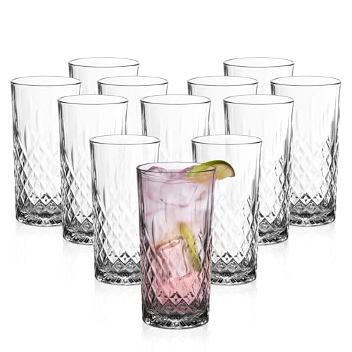 Vikko Vaso para beber, juego de 12 vasos altos para bebidas, vasos Highball de 12 onzas, vidrio Collins apto para lavavajillas