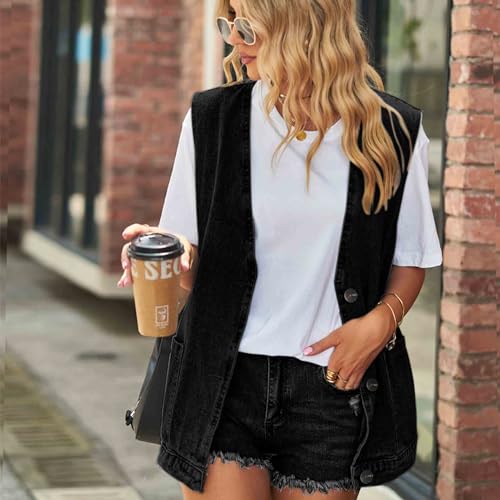BXCNCKD Women's Oversized Denim Vest Mid Long Jean Vest Sleeveless Jackets Fashion Sleeveless Denim Vest3
