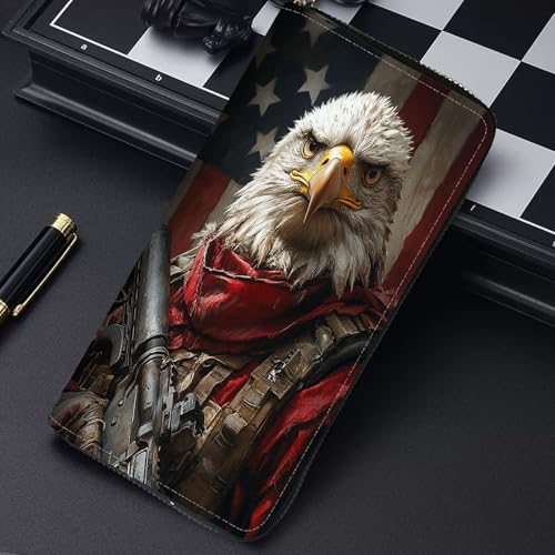 Image of RFID Blocking Leather Wallet for Women - Large Capacity Zip Around Clutch with 8 Card Slots,10 Cash Pockets & Coin Zipper,Bald Eagle Warrior