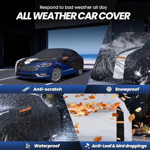 Image of Multi-Layer Car Cover Custom Fit for Ford Fusion(205-2026), 100% Waterproof All Weather for Automobiles, Gift with Towel, Heavy Duty Car Covers for Rain Sun UV Protection with Door Zipper