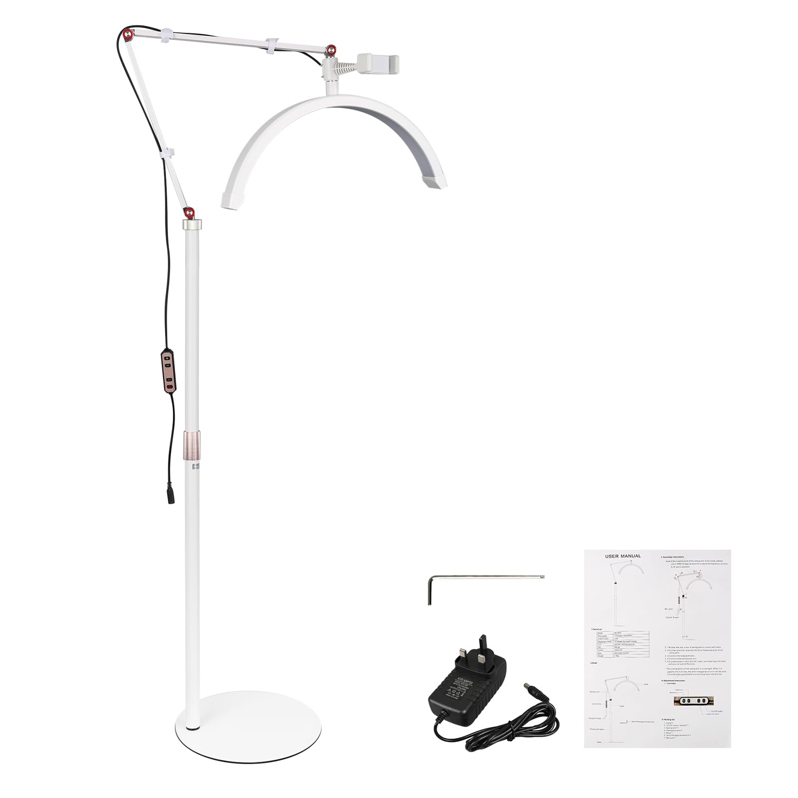 XLSBZ LED Half Moon Floor Lamp,360° Angle Adjustable 3000-6000K Half Moon Fill Light Eyelash LED Floor Light with Phone Holder for Lash Extension Manicure (White, 16inch)