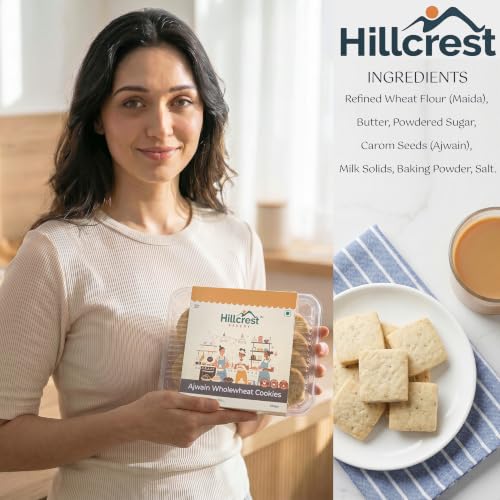 Image of Hillcrest Bakery Ajwain Wholewheat Cookies, 300 Grams | Premium Baked Snack | Crispy & Delicious | Tea Time Treat | Suitable for Everyday Snacking | Hygienically Packed