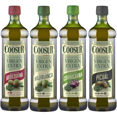 Coosur - Pack Aceites Oliva Virgen Extra Monovarietales. Variedad Cornicabra, Picual, Hojiblanca y Arbequina. 4 Botellas de 1 Litro.