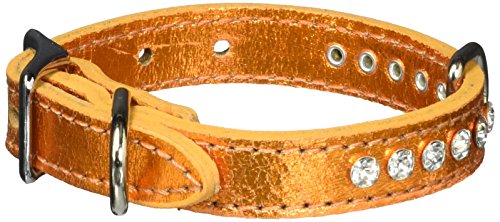 Image of Signature Leather Crystal Dog Collar, Metallic Apricot Solid Grain Leather, Fits 6 inch-8 inch Neck Size, 10 inch Overall Length