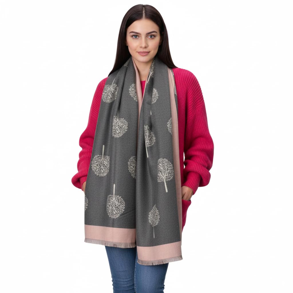Hilto Women's Grey Pink Winter Scarf Tree Of Life,Cashmire Soft Touch Reversible Pashmina Shawl, Scarves Wraps, Blanket, Mulberry Tree Large Girls (Grey Pink)