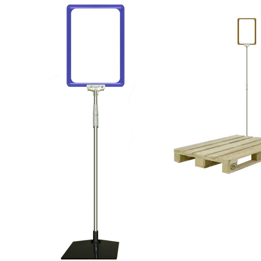 4 Plakatständer DIN A4 Rahmen blau, Teleskopständer höhenverstellbar bis 1510 mm mit Teleskoprohr ALU Kunststoff, Fuß eckig 160x192 mm Stahl schwarz, Kundenstopper, Aufsteller für Paletten Ware