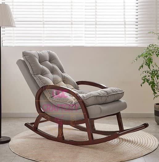 Image of CRAFTCITY Sheesham Wood Elegant Chair with Pillow and Matching Foot Stool /Living Room Chair /Rose Wood Rocking Chair,Pre-Assembled (Grey, Rocking Chair Without Footres)