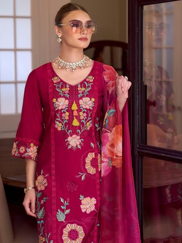 Image of INDO ERA Women's Silk Blend Floral Embroidered Thread Work Kurta & Pant with Dupatta Set (IEOUT13230)