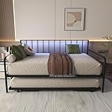 Aurnienofus Twin Daybed with Trundle, Metal Sofa Bed Frame with Charging Station and LED Lights, Height Adjustable Daybed with Steel Slat Support, for Living Room, Bedroom and Guest Room, Black