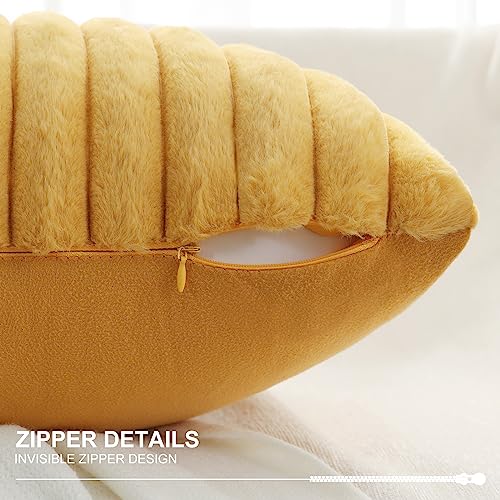 Pallene Faux Fur Plush Throw Pillow Covers 22x22 Set of 2, Luxury Soft Fluffy Striped Decorative Pillow Covers for Sofa, Couch, Living Room, Mustard Yellow
