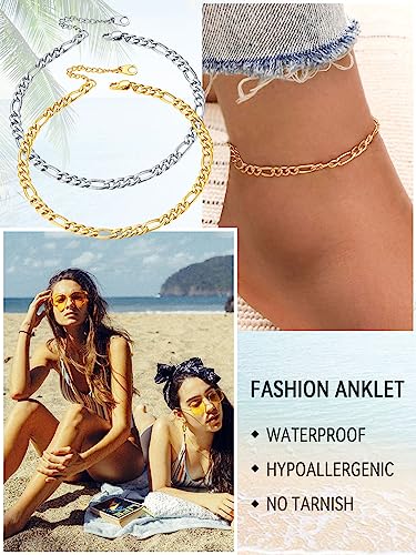 Image of FaithHeart Waterproof Ankle Bracelets for Women, 1 /2 /3Pcs Non Tarnish Stainless Steel Layered Anklet Set Paperclip Figaro Cuban Link Chain Dainty Summer Beach Jewelry Gift Adjustable Size